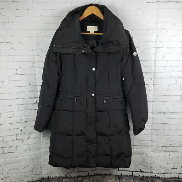 MICHAEL KORS BLACK LONG HOODED PUFFER COAT WITH QUILTED DESIGN SIZE LARGE - Picture 1 of 10